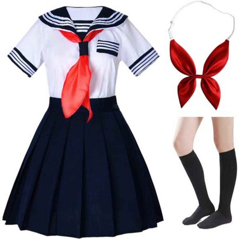 Elibelle Japanese School Girls Short Sleeve Uniform Sailor Navy Blue Pleated